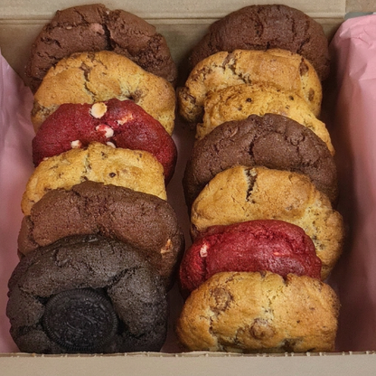 Close-up of assorted cookies in the Just Cookiess Event Box