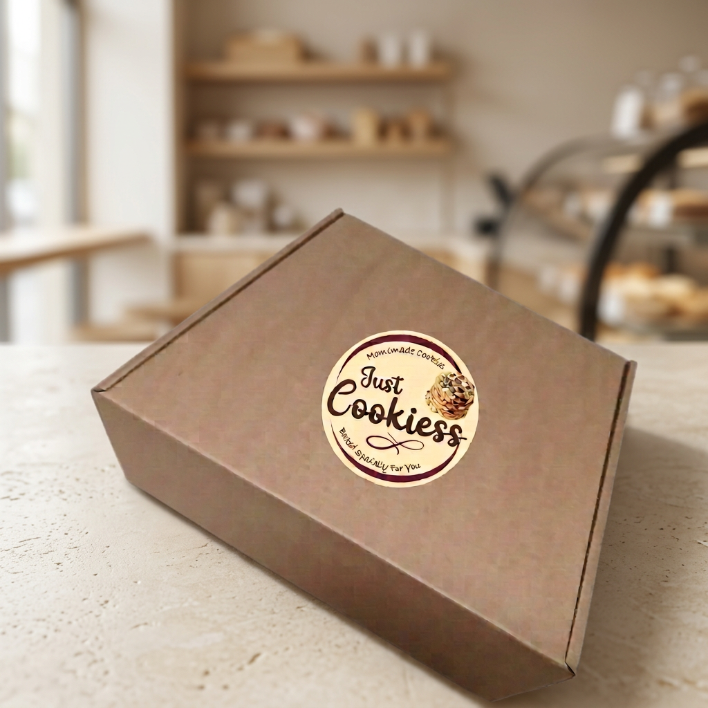 Just Cookiess branded cookie box on a pale stone countertop with a warm bakery-style background